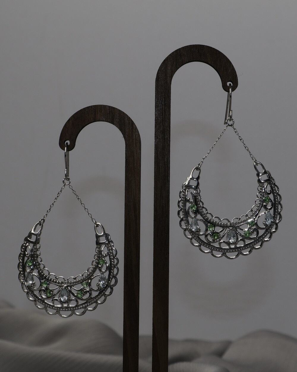 Vintage Sterling Silver W/ Green & Clear Stones Chandelier Earrings 12G / 2.5in